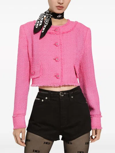 Dolce & Gabbana Rachel Collarless Crop Tweed Jacket In Pink