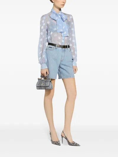 Dolce & Gabbana Pussy-bow Collar Semi-sheer Shirt In Blue