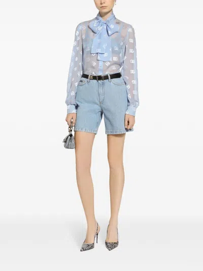 Dolce & Gabbana Pussy-bow Collar Semi-sheer Shirt In Blue