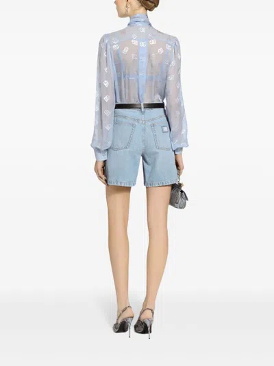 Dolce & Gabbana Pussy-bow Collar Semi-sheer Shirt In Blue