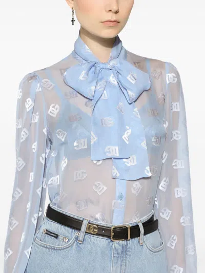 Dolce & Gabbana Pussy-bow Collar Semi-sheer Shirt In Blue