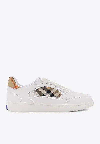 Burberry Men Low-top Leather Sneakers With Check Inserts In White