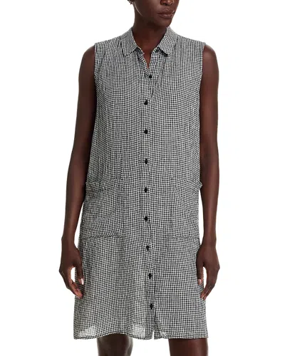 Eileen Fisher Gingham Sleeveless Organic Linen Shift Dress In Metallic