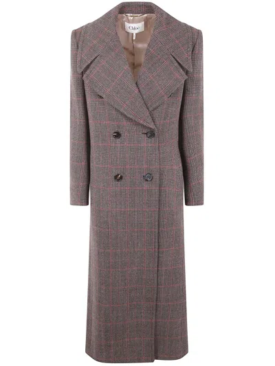 Chloé Checkered Long Length Coat With Prince Of Wales Motif In Brown