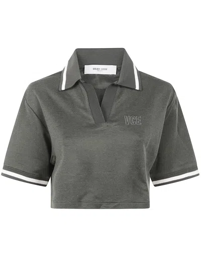 Golden Goose "journey W`s" Medium Crop Polo Fluid Jersey Knitted Rib Micro Piquet Tonal Embroidery C In Gray