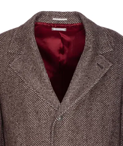 Brunello Cucinelli Chevron Motif Coat Logo Buttons In Brown