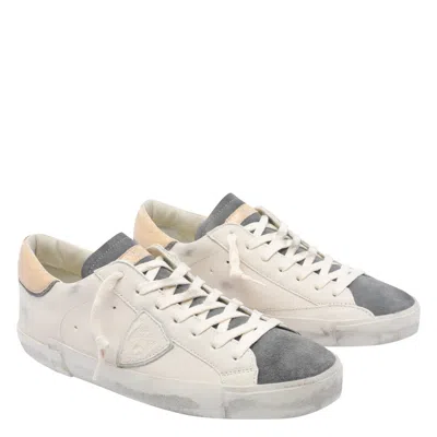 Philippe Model Low Top Leather Sneakers With Suede Accents In White