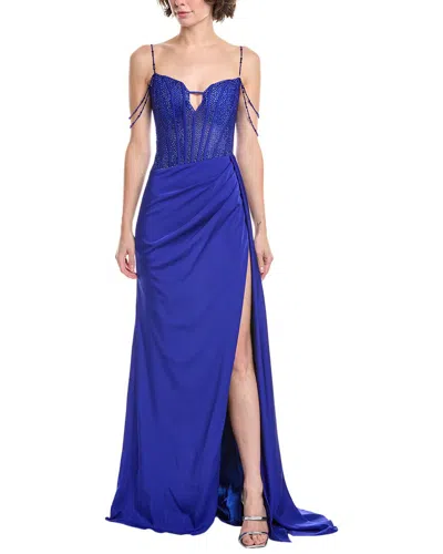 Jovani Beaded Corset Bodice Gown In Blue