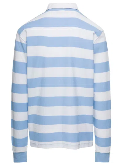 Drôle De Monsieur Light Blue And White Striped Polo Shirt With Logo Embroidery In Blue
