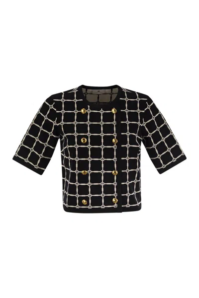 Elisabetta Franchi T-shirt With Geometric Pattern And Gold Buttons In Multi
