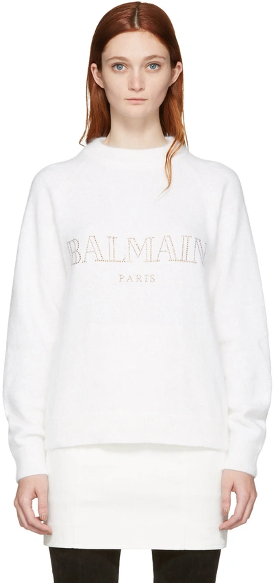 Shop Balmain White Angora Logo Sweater