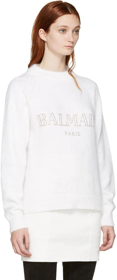 Shop Balmain White Angora Logo Sweater