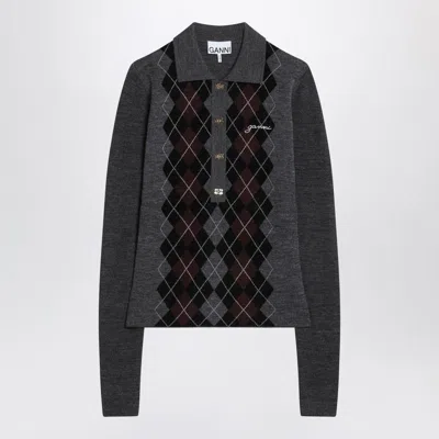 Ganni Grey Sweater With Classic Collar And Check Motif On The Front In Wool Woman In Gray
