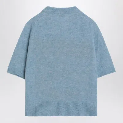 Ganni Light Blue Crewneck T-shirt With Maxi Logo Embroidery On The Front