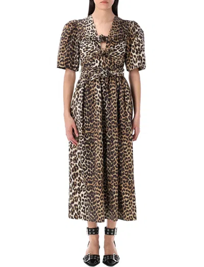 Ganni Leopard Print Midi Dress In Multi