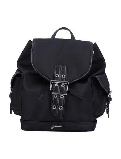 Ganni Magnetic Pockets Flap Backpack Handle In Black