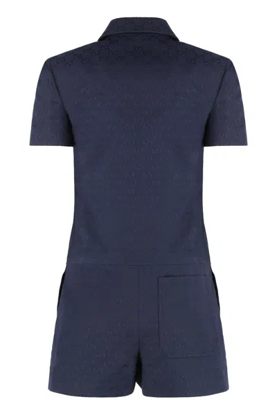 Gucci Embellished Leather-trimmed Canvas-jacquard Playsuit In Blue