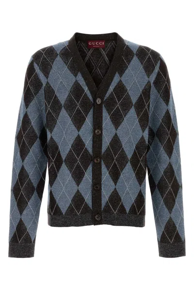 Gucci Wool Blend Cardigan With Embroidered Argyle Pattern In Blue