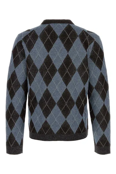 Gucci Wool Blend Cardigan With Embroidered Argyle Pattern In Blue