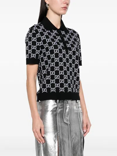 Gucci Black Polo Shirt With Ribbed Trims In Gg Canvas Woman In Black