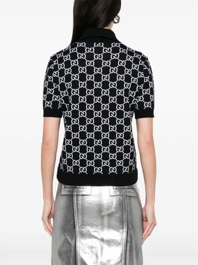 Gucci Black Polo Shirt With Ribbed Trims In Gg Canvas Woman In Black