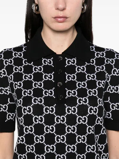 Gucci Black Polo Shirt With Ribbed Trims In Gg Canvas Woman In Black