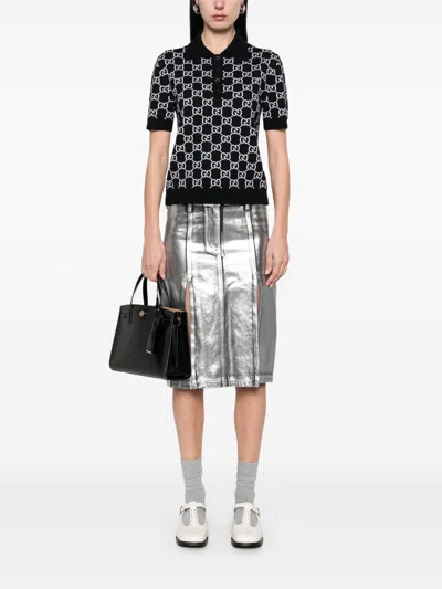 Gucci Black Polo Shirt With Ribbed Trims In Gg Canvas Woman In Black