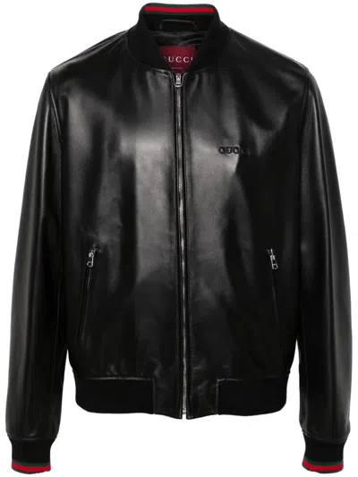 Gucci Black Bomber Jacket With Front Logo In Nappa Leather And Mesh Man