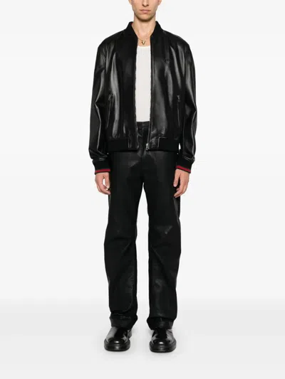 Gucci Black Bomber Jacket With Front Logo In Nappa Leather And Mesh Man