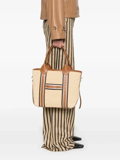Hogan Small Raffia Script Shopping Bag With Brown Leather Details