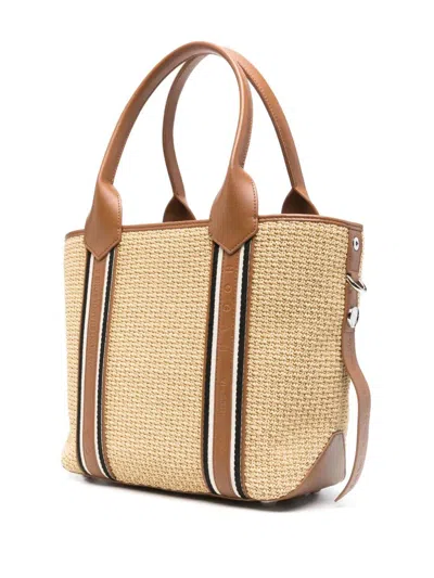 Hogan Small Raffia Script Shopping Bag With Brown Leather Details