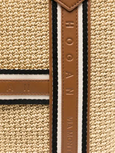 Hogan Small Raffia Script Shopping Bag With Brown Leather Details