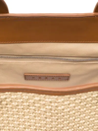 Hogan Small Raffia Script Shopping Bag With Brown Leather Details