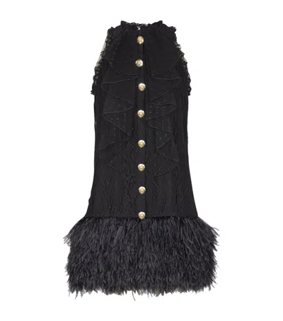Balmain Cotton-blend Lace And Feather Mini Dress In Black