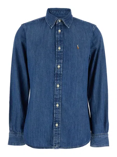 Polo Ralph Lauren Blue Shirt With Classic Collar And Pony Embroidery On The Front In Denim Woman In Blue