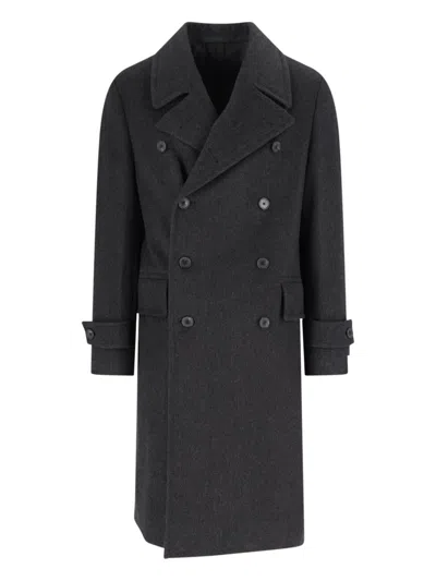 Caruso Double-breasted Grey Coat With Notched Lapel In Black