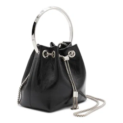 Jimmy Choo Eyelet Chain Bucket Bag With Metallic Handle In Black
