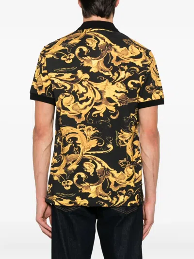 Versace Jeans Couture Baroque-inspired Black And Gold Polo Shirt In Multi