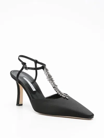 Manolo Blahnik Sufik Embellished Satin T-strap Pumps In Black