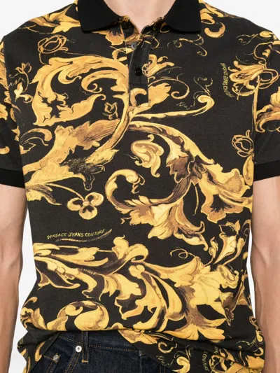 Versace Jeans Couture Baroque-inspired Black And Gold Polo Shirt In Multi