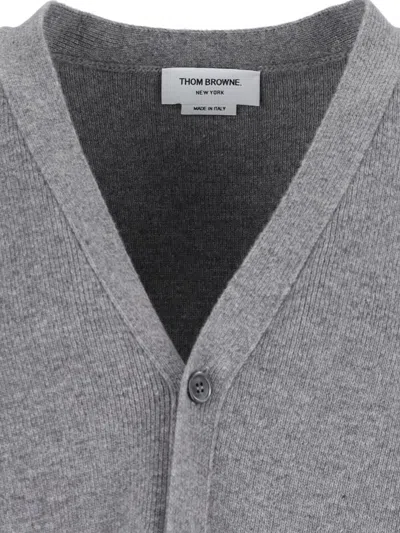 Thom Browne Grey Cardigan With V Neck And Striped Detail On The Sleeve In Wool Man