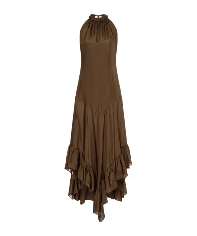 Philosophy Di Lorenzo Serafini Brown Silk Long Dress With Ruffles In Brown