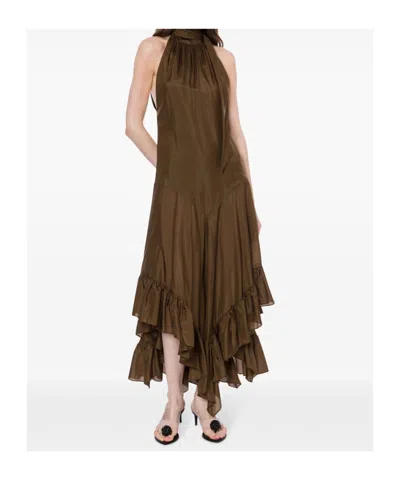 Philosophy Di Lorenzo Serafini Brown Silk Long Dress With Ruffles In Brown