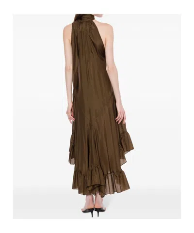 Philosophy Di Lorenzo Serafini Brown Silk Long Dress With Ruffles In Brown