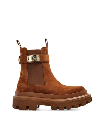 Dolce & Gabbana Suede Buckle Faux Fur Chelsea Booties In Brown