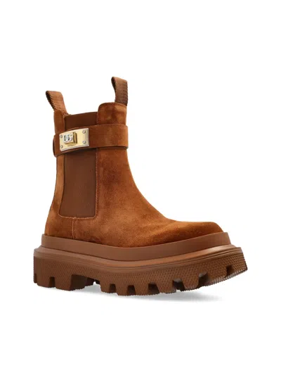 Dolce & Gabbana Suede Buckle Faux Fur Chelsea Booties In Brown