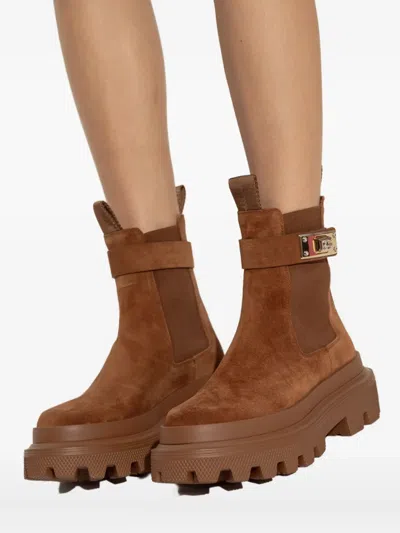 Dolce & Gabbana Suede Buckle Faux Fur Chelsea Booties In Brown