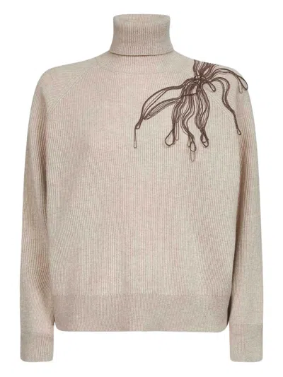 Brunello Cucinelli Women Beige Cashmere Embroidered Roll Neck Sweater In Neutral
