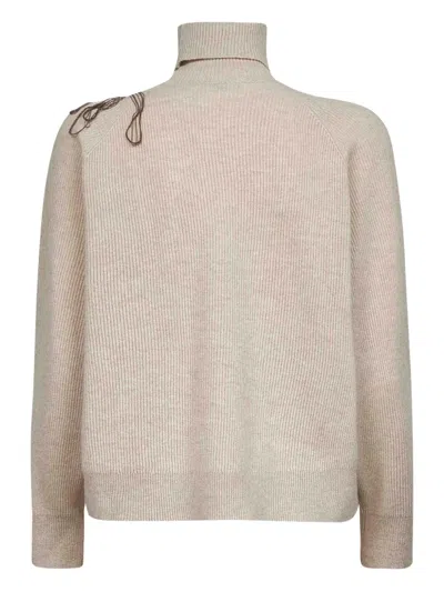 Brunello Cucinelli Women Beige Cashmere Embroidered Roll Neck Sweater In Neutral