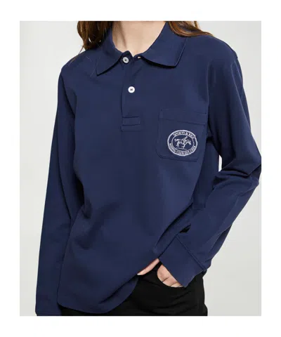 Sporty And Rich Riding Club Longsleeve Pique Polo In Dark Navy